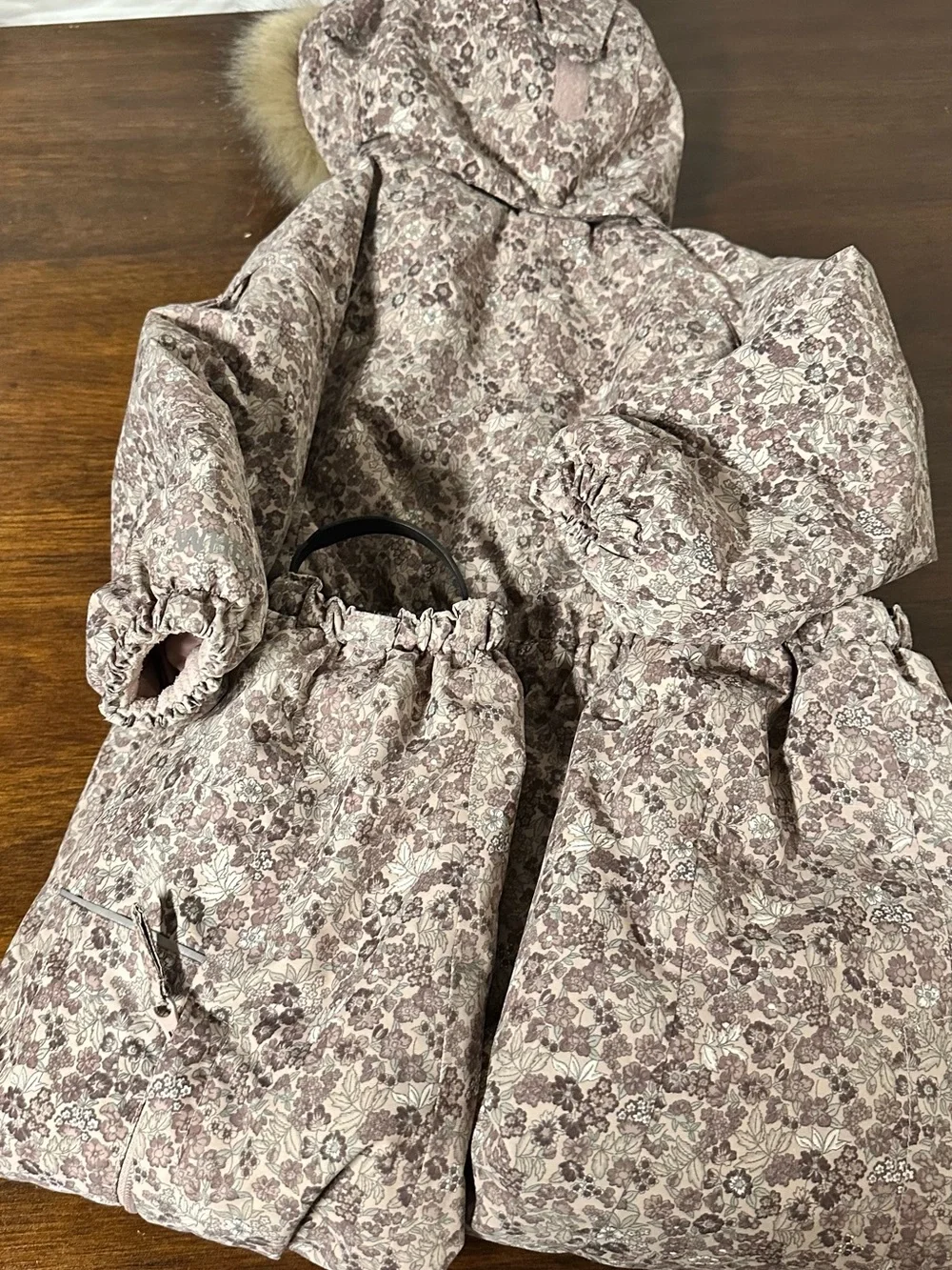 Pink Floral Kids Puff Jacket with Faux-Fur Hood